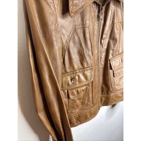 Vintage The Bay 100% Leather Jacket Men 36 Tan Bomber Style 70s Hippie - Picture 4 of 9